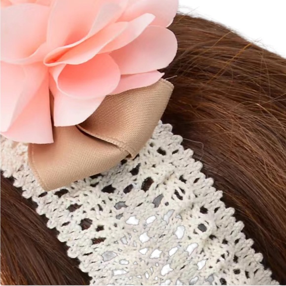 Lace Headband with Tan Tie and Pink Flower - Picture 4 of 7